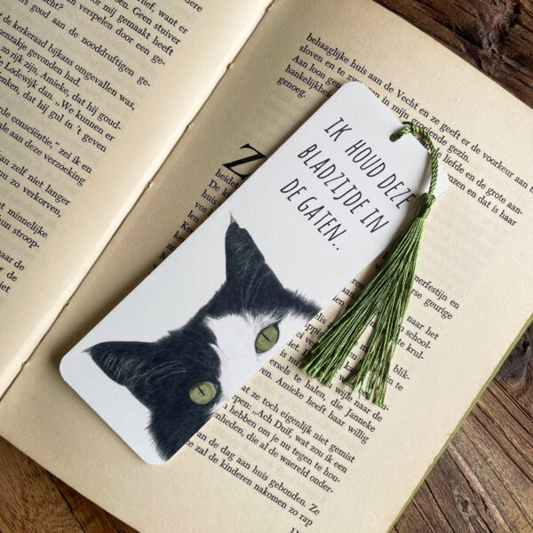 Boekenlegger glurende kat